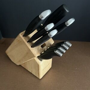 KITCHENAID Knife Block Set Black Stainless Handles Kitchen Cutlery 9pc Wood Base